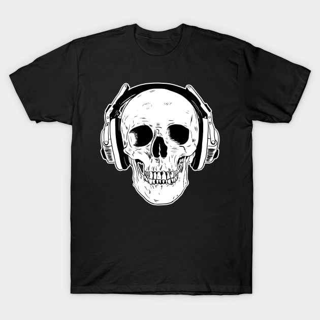 Skull Wearing Headphones T-Shirt by Black Snow Comics
